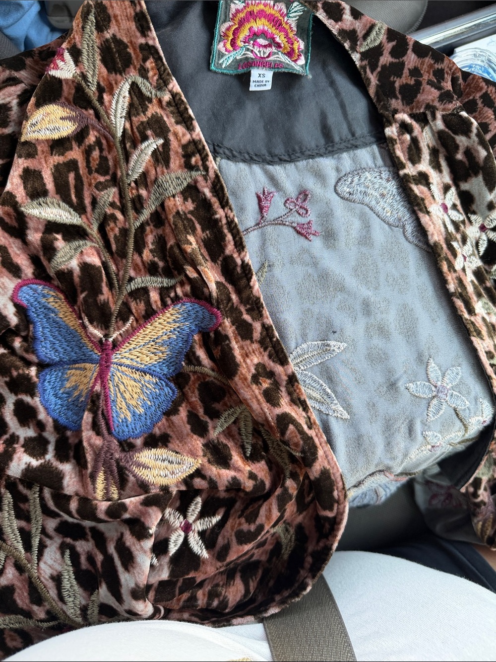 Velvet Leopard-Print Embroidered Jacket with Butterfly Detail